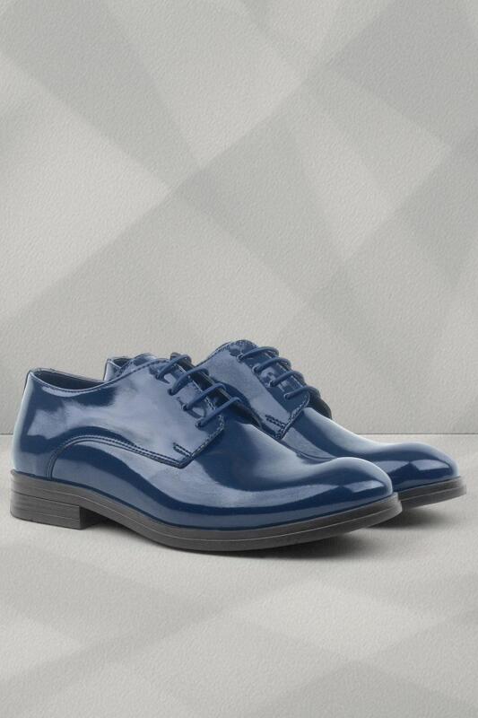 حذاء أكسفورد للأطفال من راكر بلاس، أزرق داكن، مصنوع من الجلد اللامع، برباط، مناسب للمدارس - Rakerplus