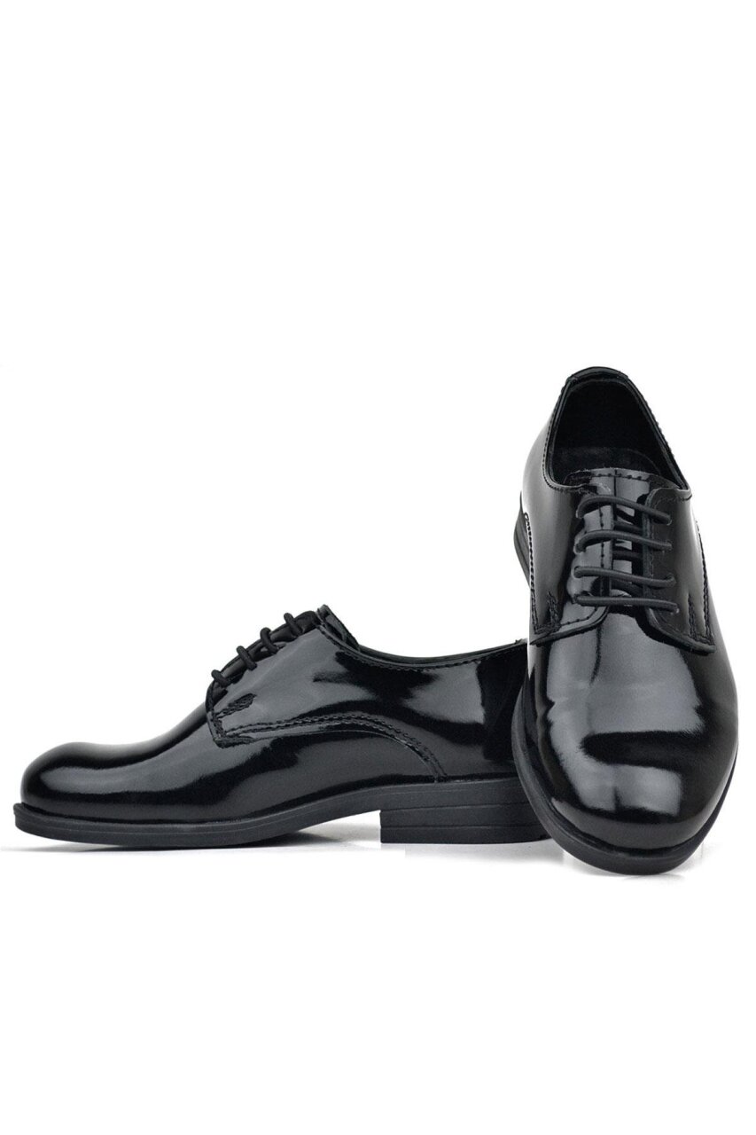 حذاء أكسفورد للأطفال من راكر بلاس، مصنوع من الجلد الأسود اللامع، برباط، مناسب للمدارس - 7