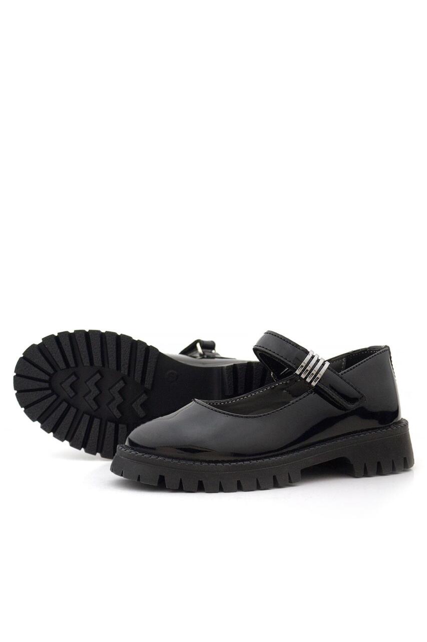 حذاء مدرسي للبنات من راكر بلاس، مصنوع من الجلد اللامع باللون الأسود، مزود بشريط فيلكرو سميك، ونعل سميك، وتفاصيل معدنية - 6