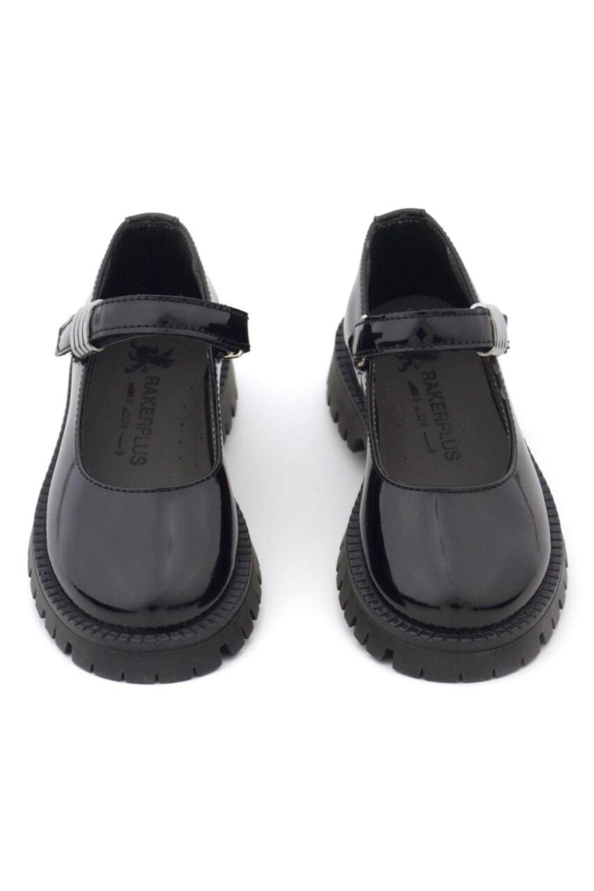 حذاء مدرسي للبنات من راكر بلاس، مصنوع من الجلد اللامع باللون الأسود، مزود بشريط فيلكرو سميك، ونعل سميك، وتفاصيل معدنية - 8