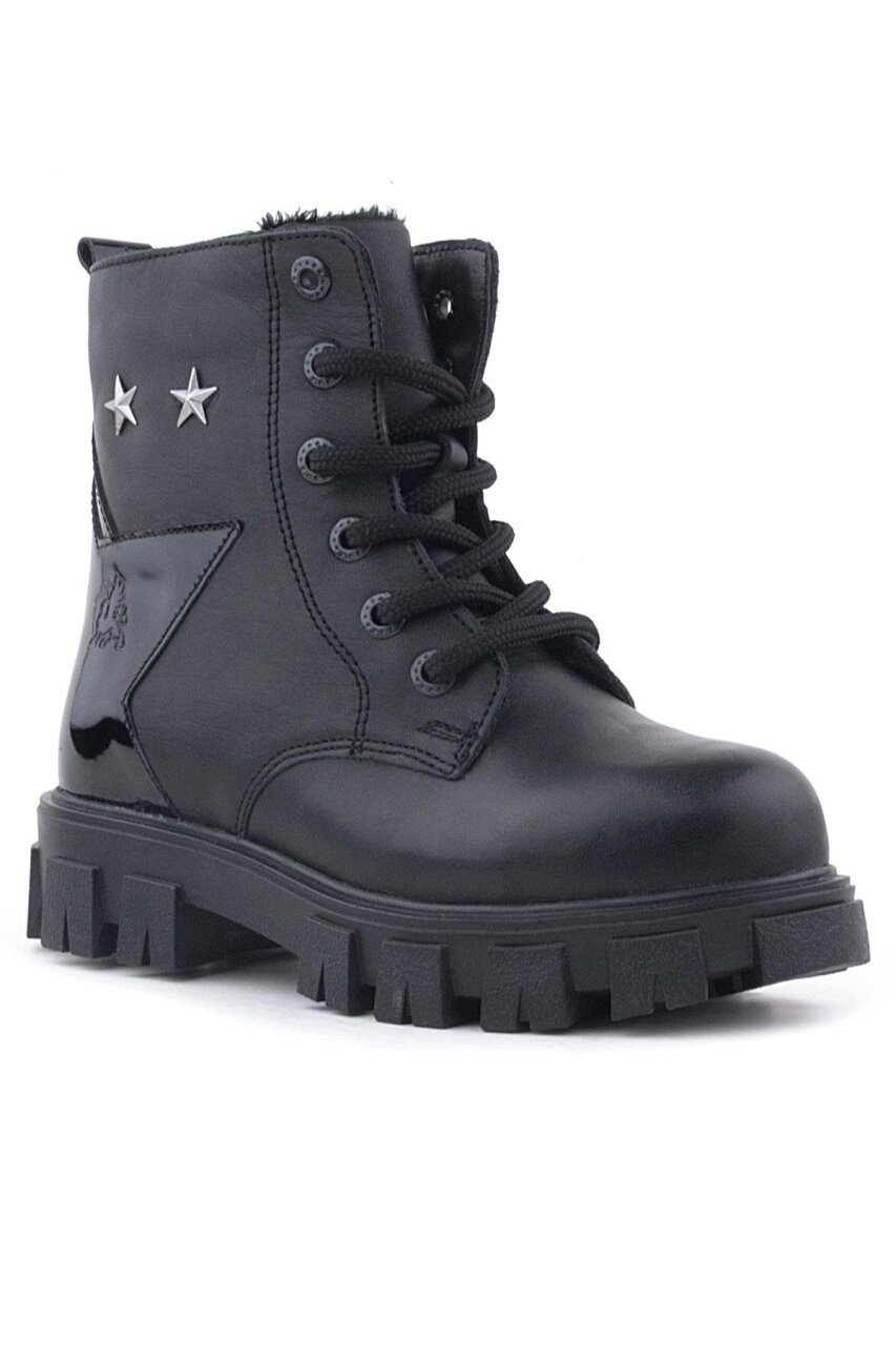 حذاء راكر بلاس أسود برباط وسحّاب وتفاصيل معدنية للبنات - 1