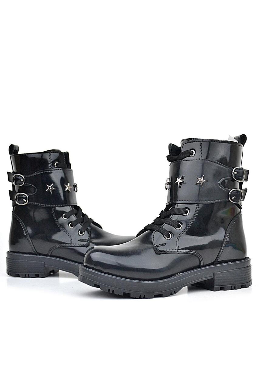 حذاء بناتي من الجلد اللامع باللون الأسود من راكر بلاس مزود برباط وسحّاب ومزين بتفاصيل نجوم - 4