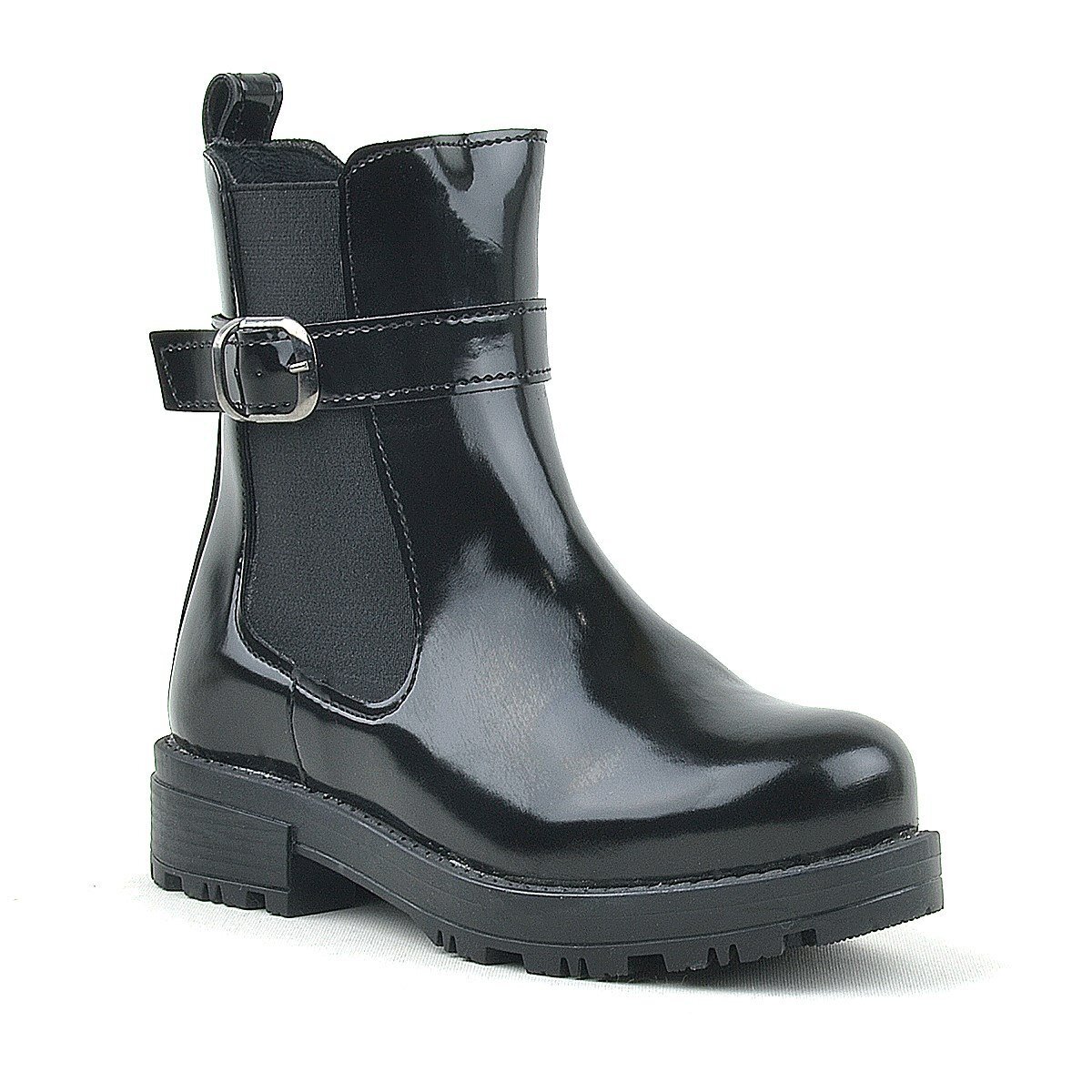 حذاء راكر بلاس أسود مرن من الجلد اللامع للبنات - 1