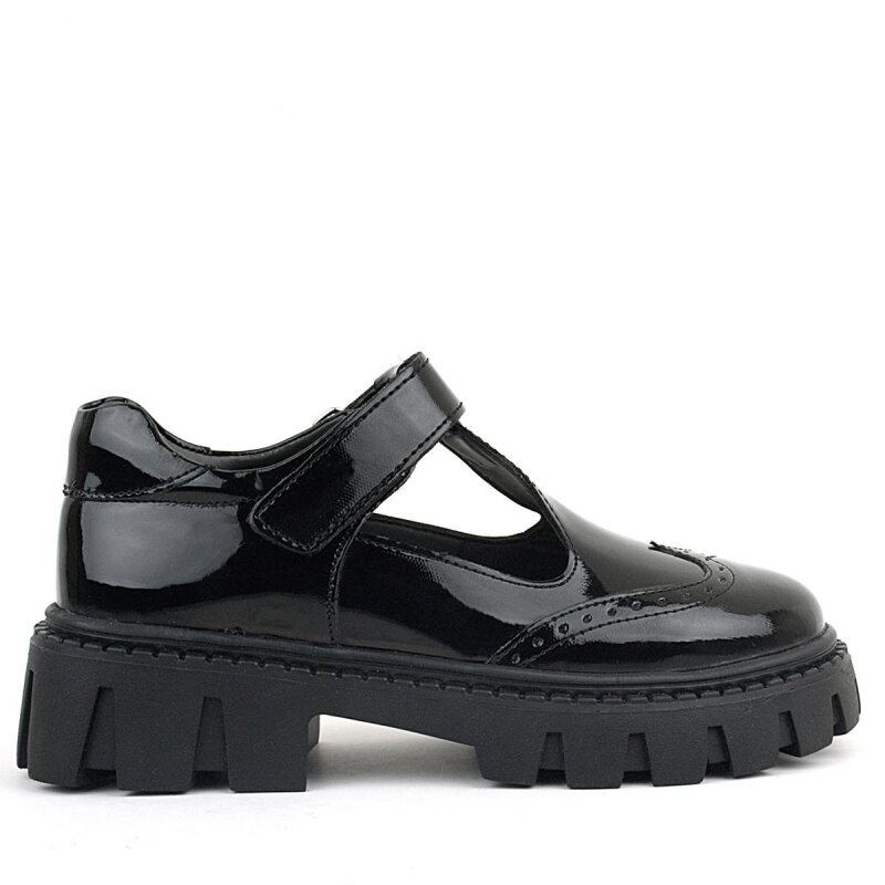 حذاء مدرسي للبنات من راكر بلاس، مصنوع من الجلد اللامع باللون الأسود، مزود بشريط فيلكرو - 3