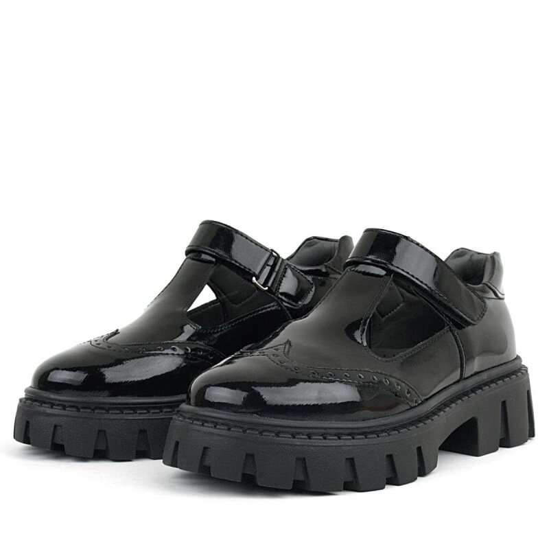 حذاء مدرسي للبنات من راكر بلاس، مصنوع من الجلد اللامع باللون الأسود، مزود بشريط فيلكرو - 5