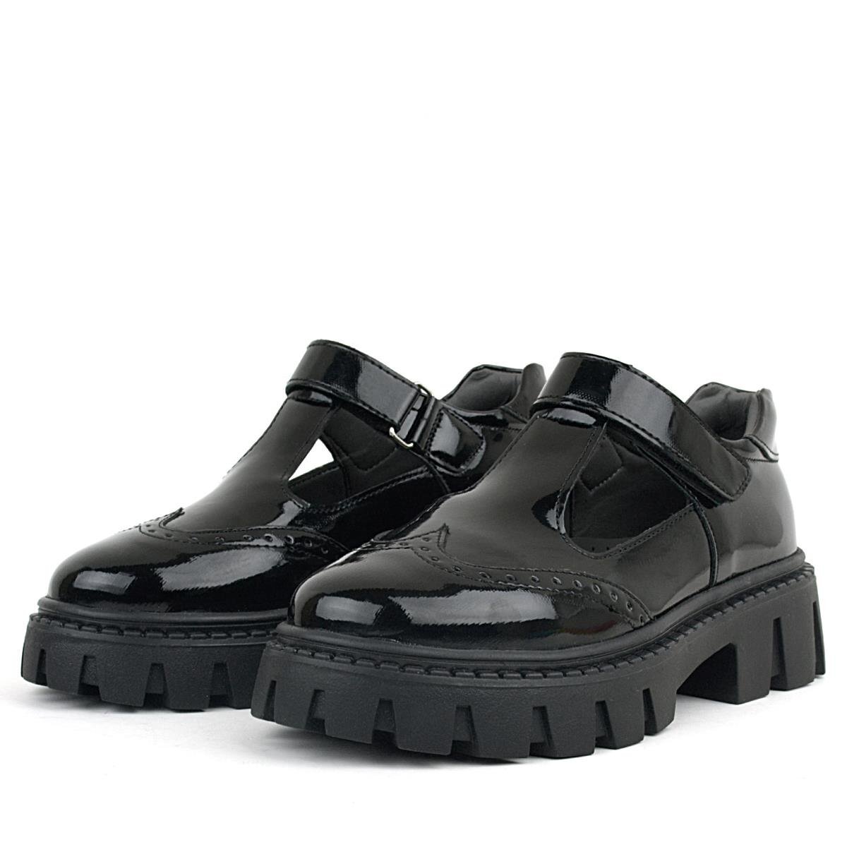 حذاء مدرسي للبنات من راكر بلاس، مصنوع من الجلد اللامع باللون الأسود، مزود بشريط فيلكرو - 5