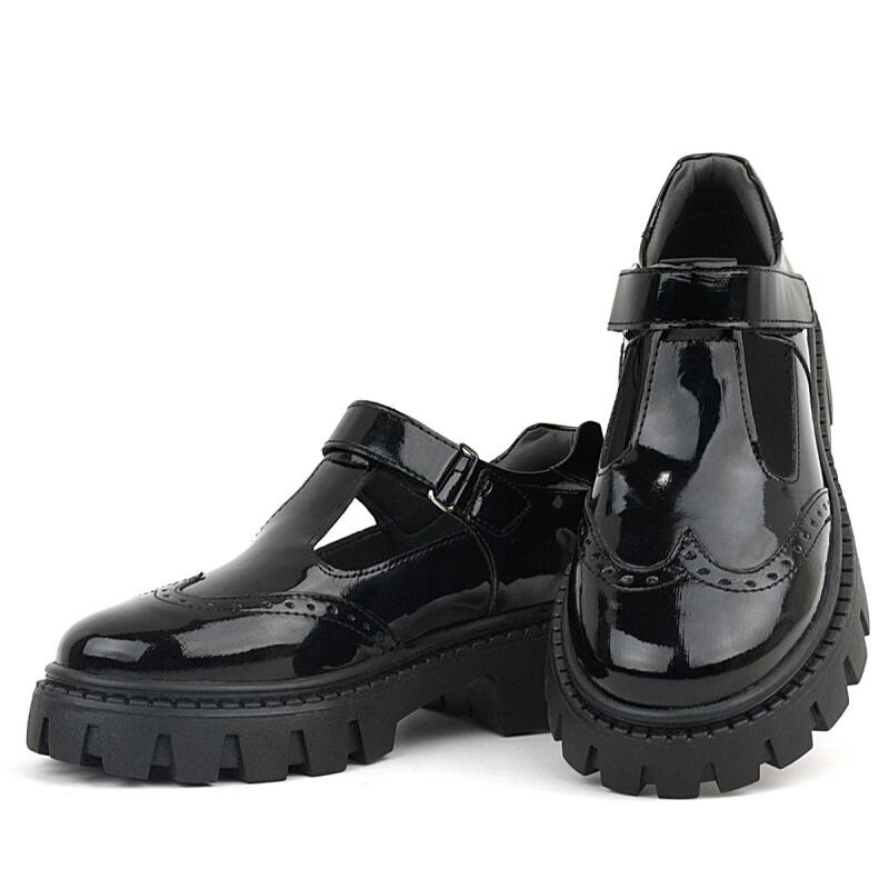 حذاء مدرسي للبنات من راكر بلاس، مصنوع من الجلد اللامع باللون الأسود، مزود بشريط فيلكرو - 7