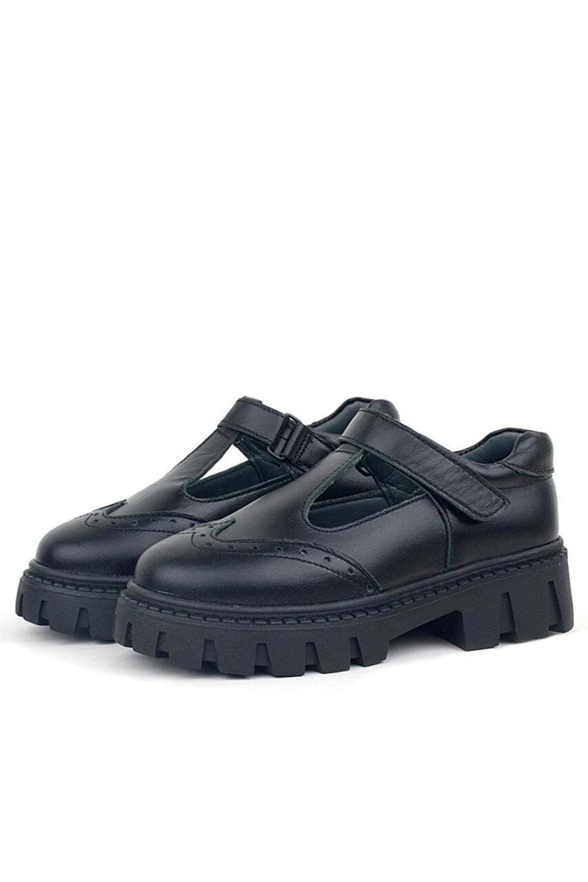 حذاء مدرسي للبنات من الجلد الطبيعي باللون الأسود مع شريط فيلكرو من راكر بلاس - 5