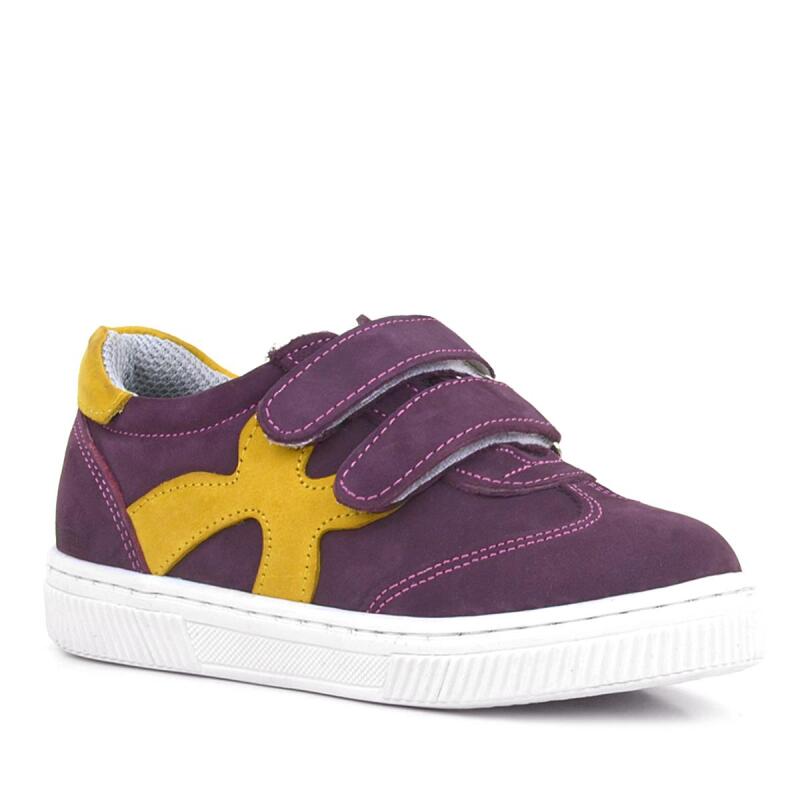 حذاء رياضي للأطفال من جلد طبيعي من راكر بلس، لون أرجواني وأصفر، مزود بشريط فيلكرو - Rakerplus