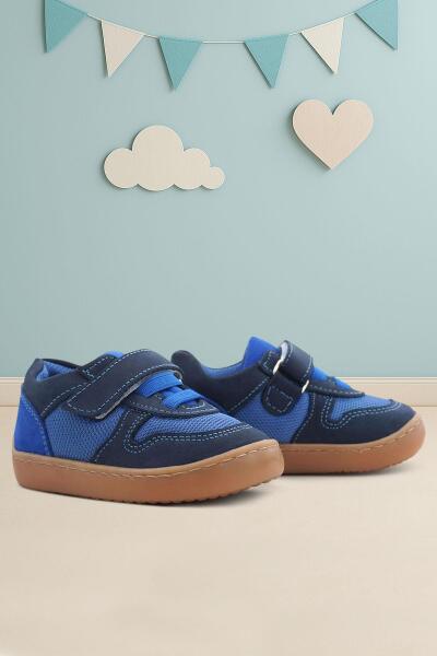Rakerplus Bob Hakiki Deri Lacivert Mavi Barefoot Cırtlı Lastikli Bebek Sneaker Ayakkabı - Rakerplus