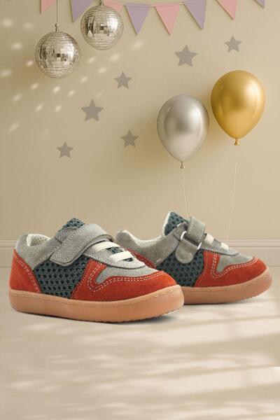 Rakerplus Bob Hakiki Deri Gri Yeşil Barefoot Cırtlı Lastikli Bebek Sneaker Ayakkabı - Rakerplus