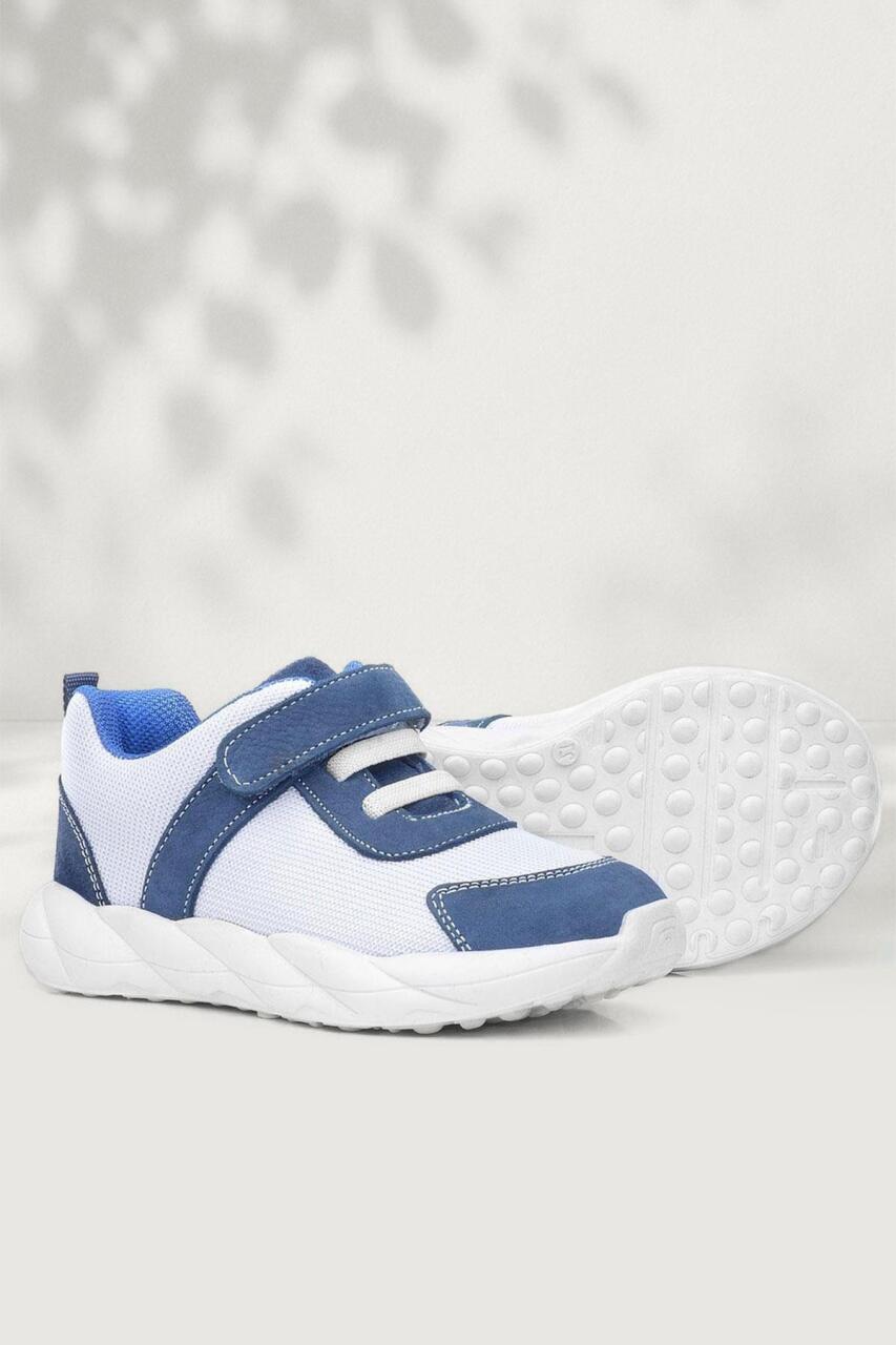 Rakerplus Barefoot Hakiki Deri Krem Lacivert Cırt Cırtlı Çocuk Spor Ayakkabı - 1