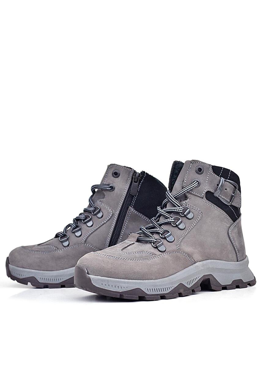 Rakerplus Hakiki Deri Gri Bağcıklı Fermuarlı Trekking Çocuk Bot - 5