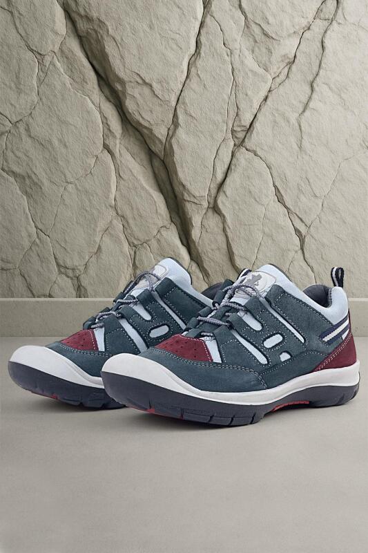 Rakerplus Hakiki Deri Gri Bordo Lastik Bağcıklı Çocuk Outdoor Ayakkabı - 1