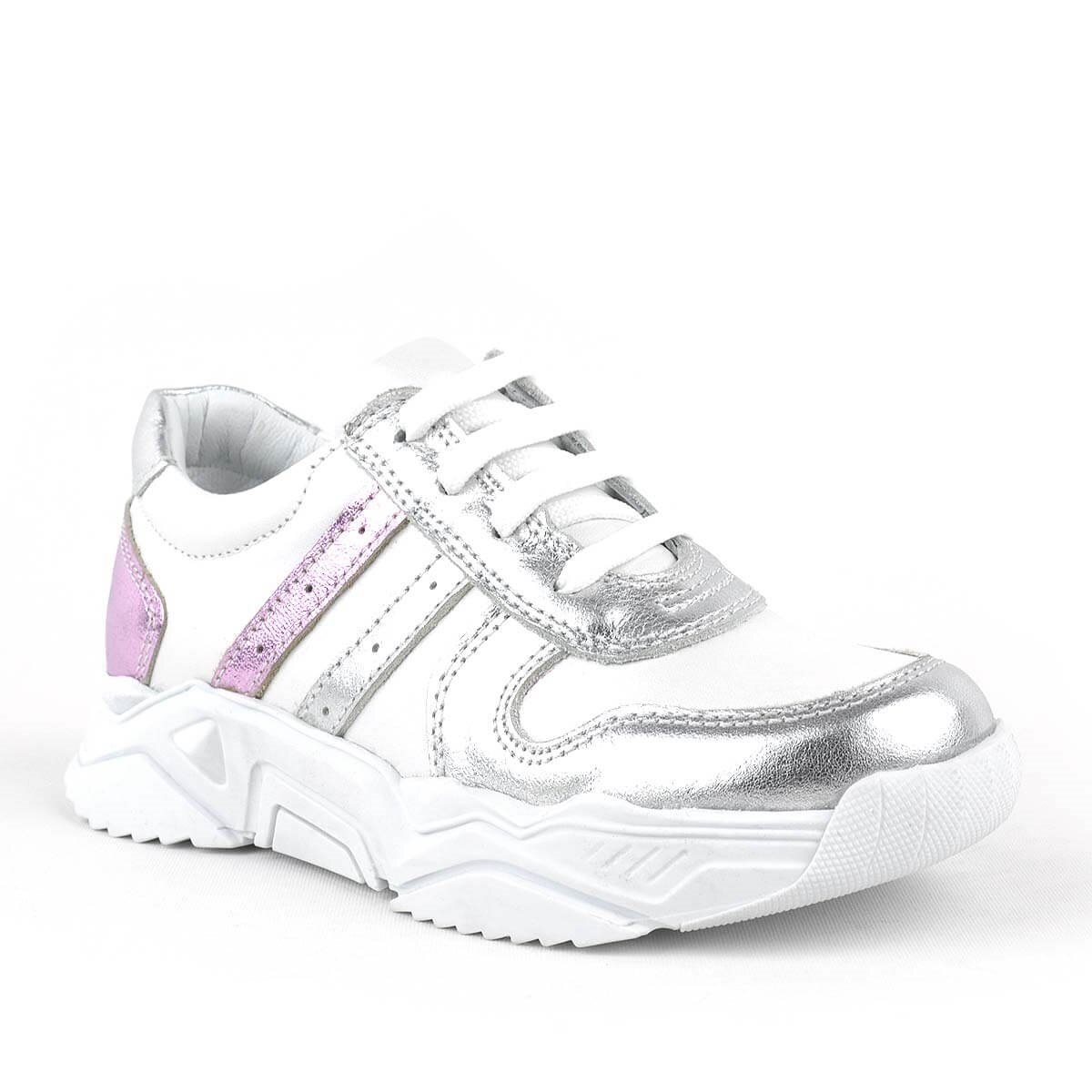 Rakerplus Hakiki Deri Gümüş Pembe Kalın Tabanlı Kız Çocuk Sneakers Ayakkabı - 1