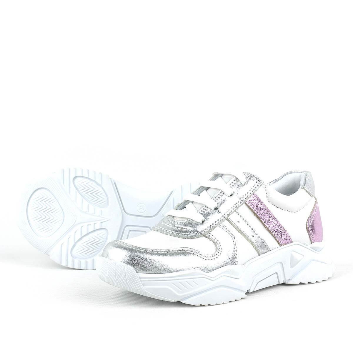 Rakerplus Hakiki Deri Gümüş Pembe Kalın Tabanlı Kız Çocuk Sneakers Ayakkabı - 5