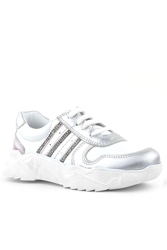 Rakerplus Hakiki Deri Gümüş Pembe Parlak Taşlı Kız Çocuk Sneakers Ayakkabı - 1