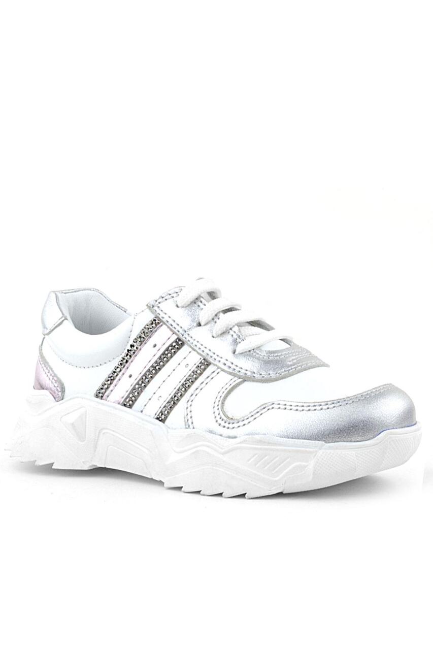 Rakerplus Hakiki Deri Gümüş Pembe Parlak Taşlı Kız Çocuk Sneakers Ayakkabı - 1