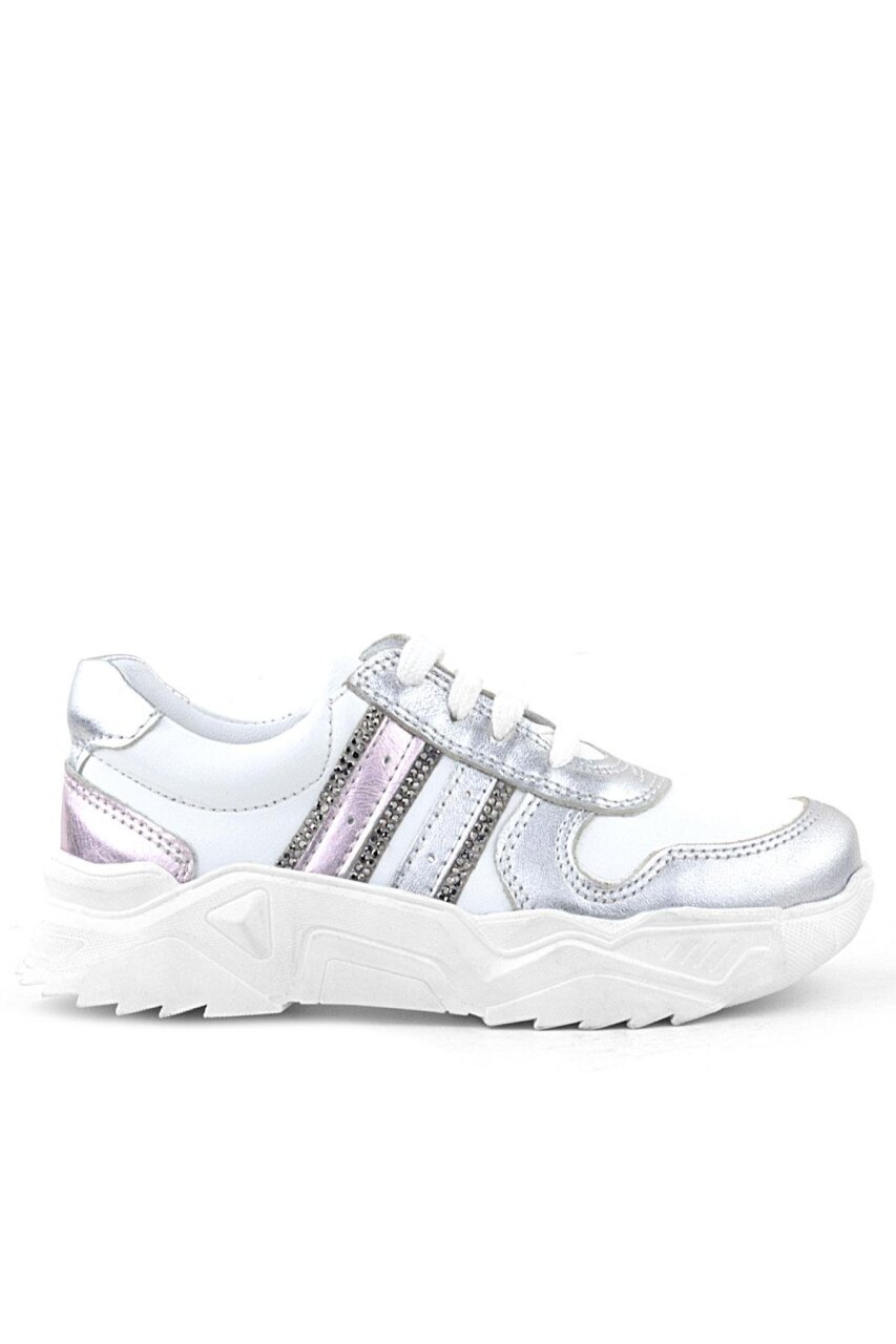 Rakerplus Hakiki Deri Gümüş Pembe Parlak Taşlı Kız Çocuk Sneakers Ayakkabı - 2