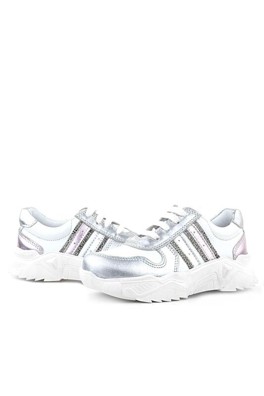 Rakerplus Hakiki Deri Gümüş Pembe Parlak Taşlı Kız Çocuk Sneakers Ayakkabı - 5