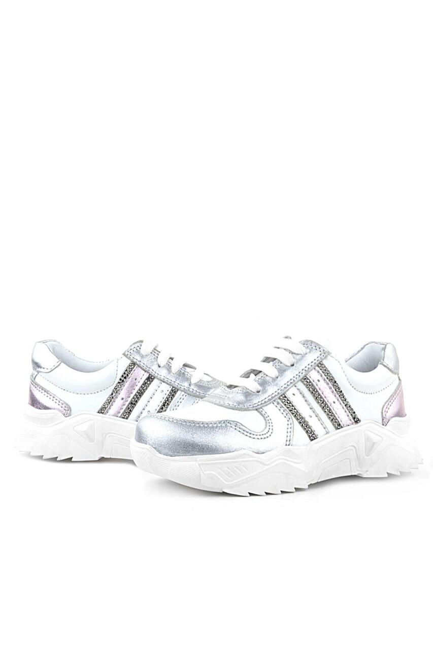Rakerplus Hakiki Deri Gümüş Pembe Parlak Taşlı Kız Çocuk Sneakers Ayakkabı - 5