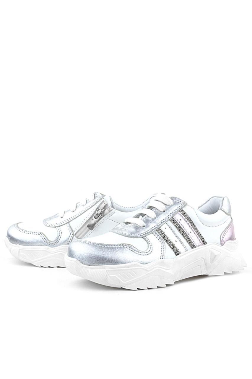 Rakerplus Hakiki Deri Gümüş Pembe Parlak Taşlı Kız Çocuk Sneakers Ayakkabı - 6