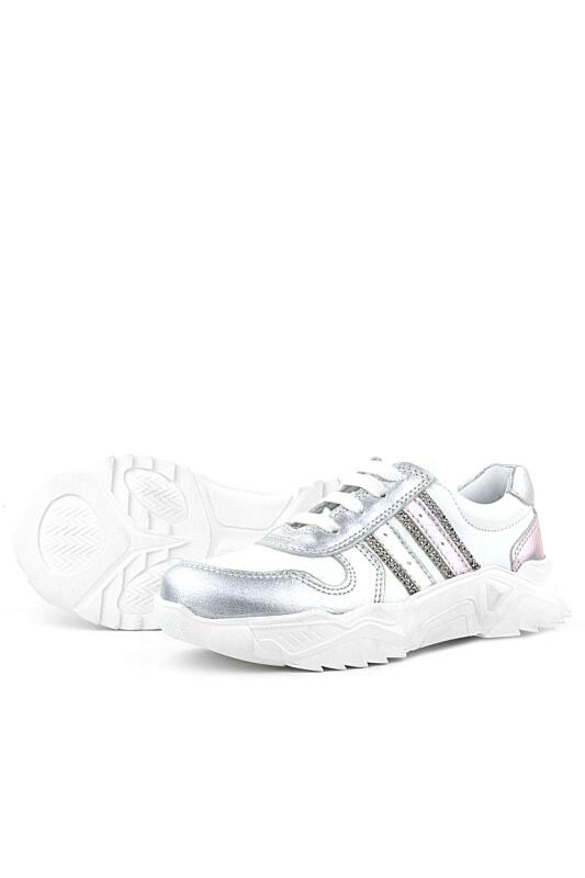 Rakerplus Hakiki Deri Gümüş Pembe Parlak Taşlı Kız Çocuk Sneakers Ayakkabı - 7