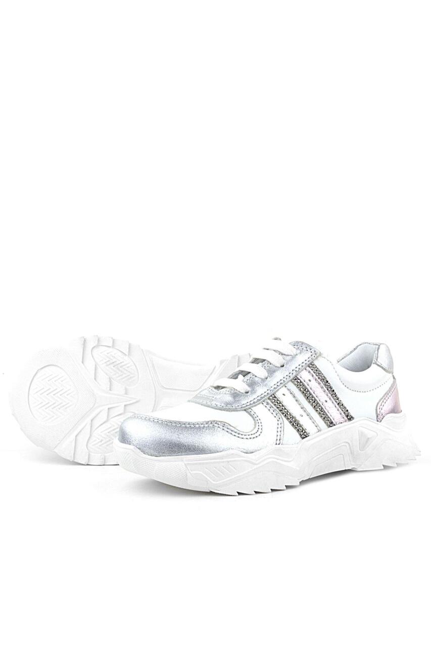 Rakerplus Hakiki Deri Gümüş Pembe Parlak Taşlı Kız Çocuk Sneakers Ayakkabı - 7