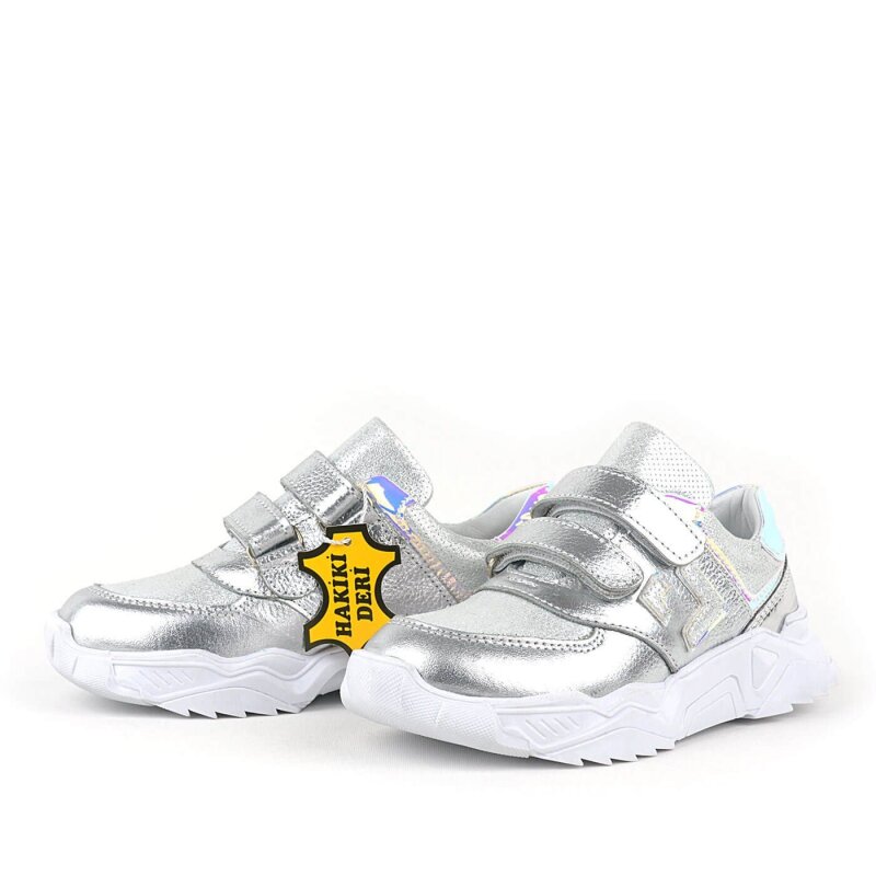 Rakerplus Hakiki Deri Gümüş Renl Cırtlı Kız Çocuk Sneaker Ayakkabı - 4