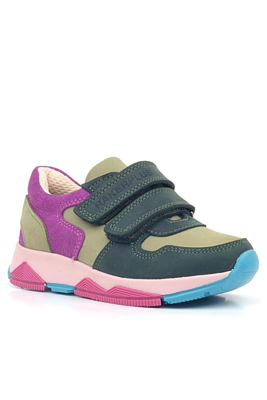 Rakerplus Hakiki Deri Haki Yeşil Fuşya Çocuk Cırtlı Sneakers Spor Ayakkabı - 1