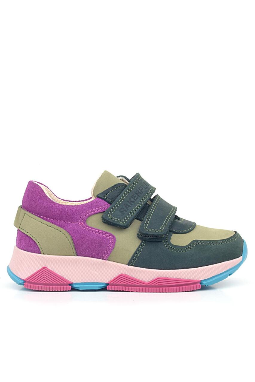Rakerplus Hakiki Deri Haki Yeşil Fuşya Çocuk Cırtlı Sneakers Spor Ayakkabı - 2
