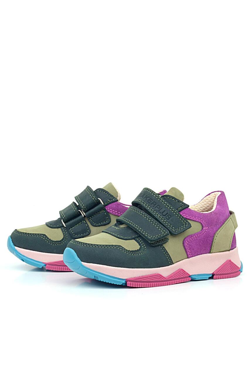 Rakerplus Hakiki Deri Haki Yeşil Fuşya Çocuk Cırtlı Sneakers Spor Ayakkabı - 3