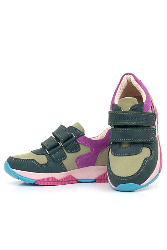 Rakerplus Hakiki Deri Haki Yeşil Fuşya Çocuk Cırtlı Sneakers Spor Ayakkabı - 5