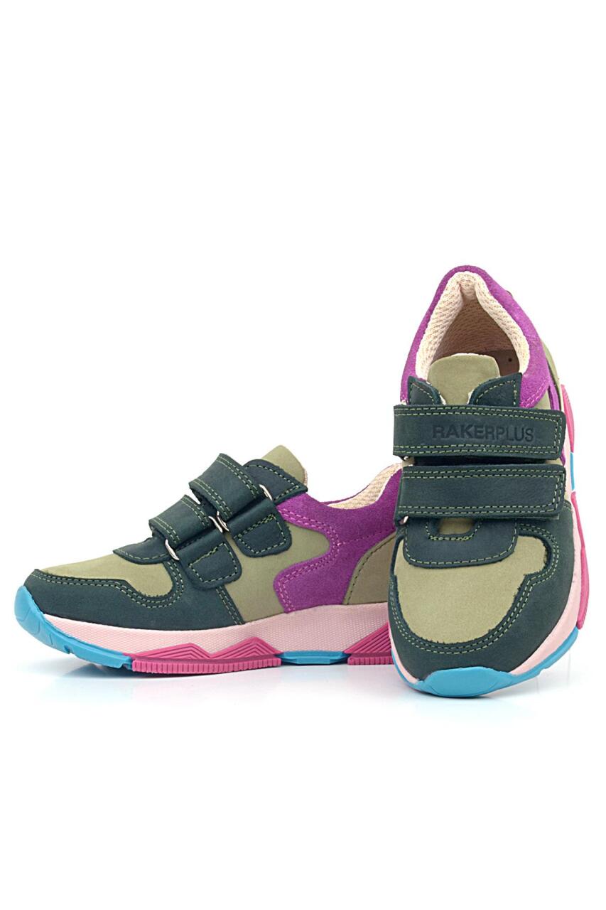 Rakerplus Hakiki Deri Haki Yeşil Fuşya Çocuk Cırtlı Sneakers Spor Ayakkabı - 5