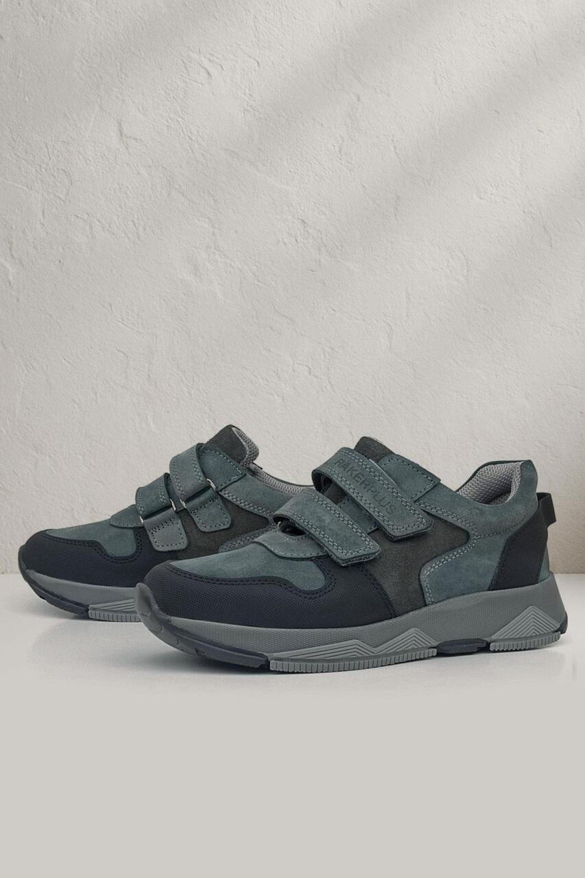 Rakerplus Hakiki Deri Koyu Gri Siyah Çocuk Cırtlı Sneakers Spor Ayakkabı - 1
