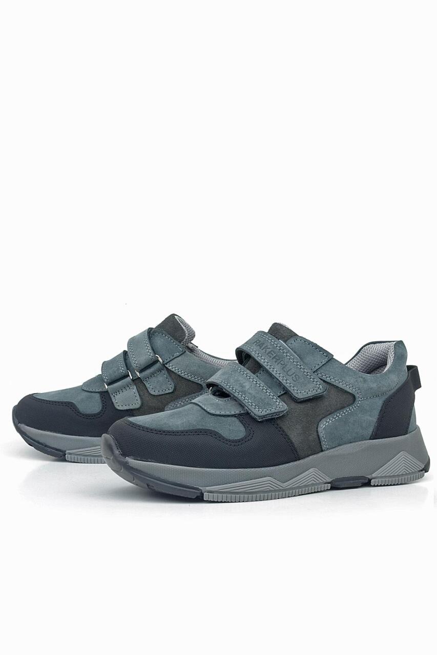 Rakerplus Hakiki Deri Koyu Gri Siyah Çocuk Cırtlı Sneakers Spor Ayakkabı - 5
