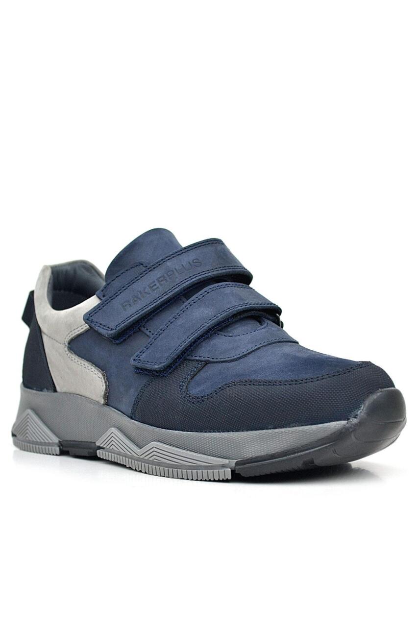Rakerplus Hakiki Deri Lacivert Cırtlı Gri Tabanlı Çocuk Sneakers Spor Ayakkabı - 1