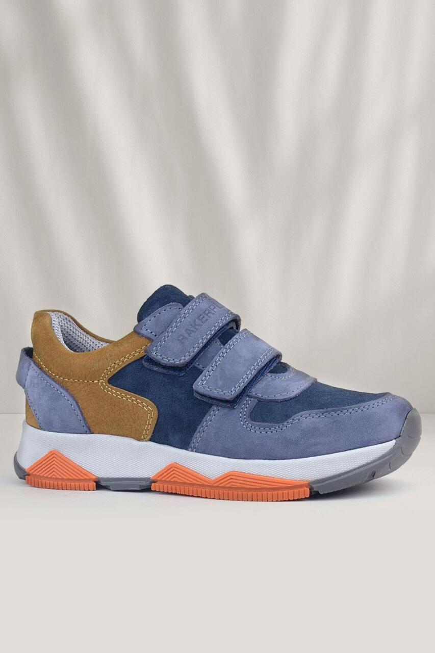Rakerplus Hakiki Deri Mavi Süet Taba Çocuk Cırtlı Sneakers Spor Ayakkabı - 1