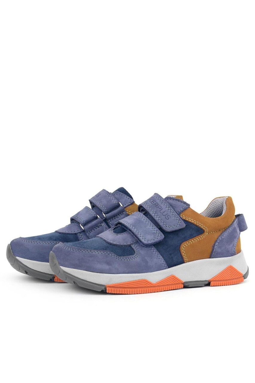 Rakerplus Hakiki Deri Mavi Süet Taba Çocuk Cırtlı Sneakers Spor Ayakkabı - 5