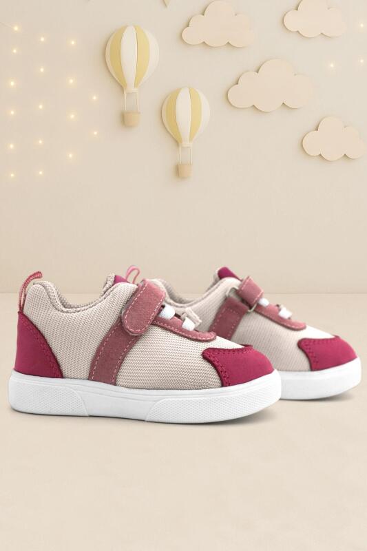 Rakerplus Hakiki Deri Pembe Krem Cırtlı Kız Bebek Ayakkabı - 1