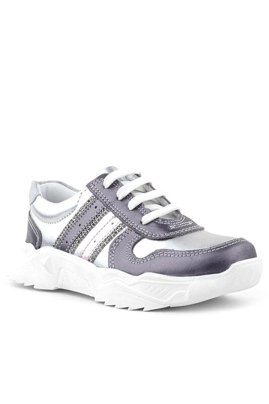 Rakerplus Hakiki Deri Platin Pembe Parlak Taşlı Kız Çocuk Sneakers Ayakkabı - 1