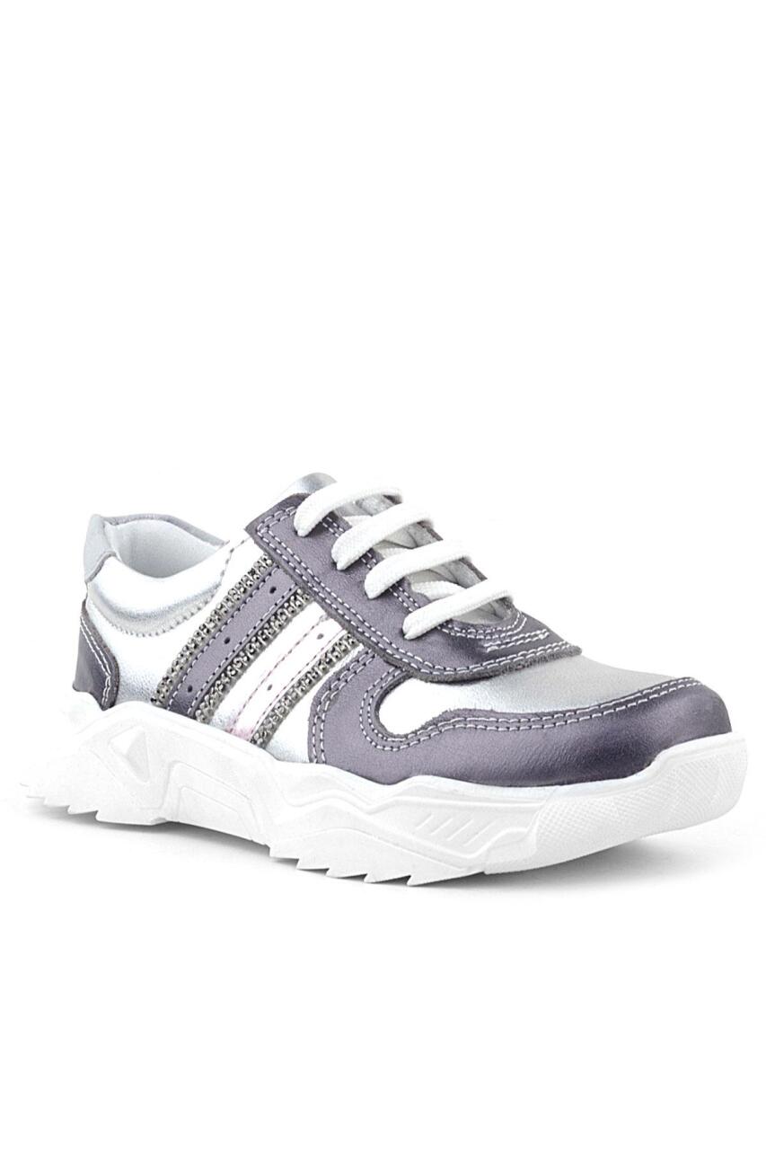 Rakerplus Hakiki Deri Platin Pembe Parlak Taşlı Kız Çocuk Sneakers Ayakkabı - 1