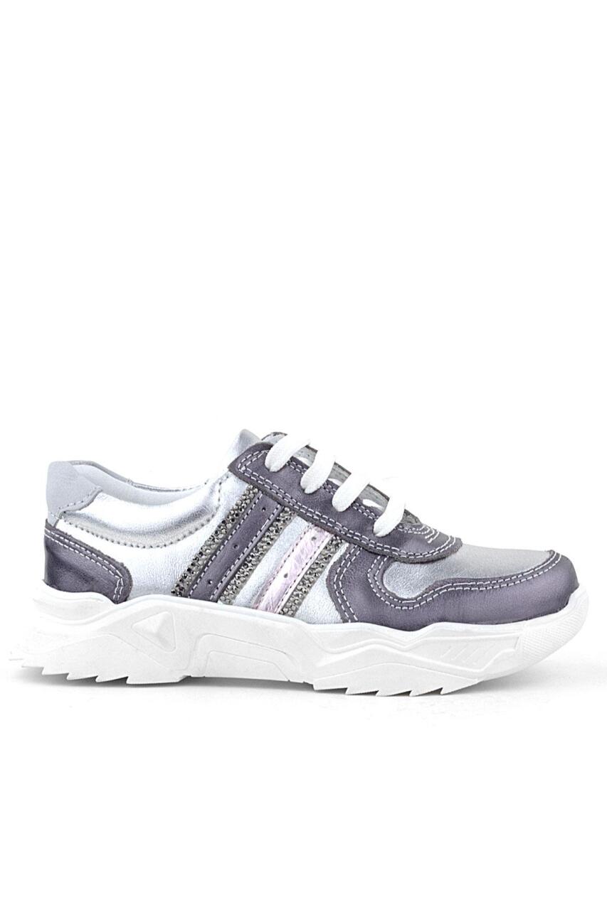 Rakerplus Hakiki Deri Platin Pembe Parlak Taşlı Kız Çocuk Sneakers Ayakkabı - 2