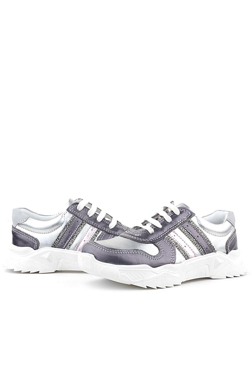 Rakerplus Hakiki Deri Platin Pembe Parlak Taşlı Kız Çocuk Sneakers Ayakkabı - 6