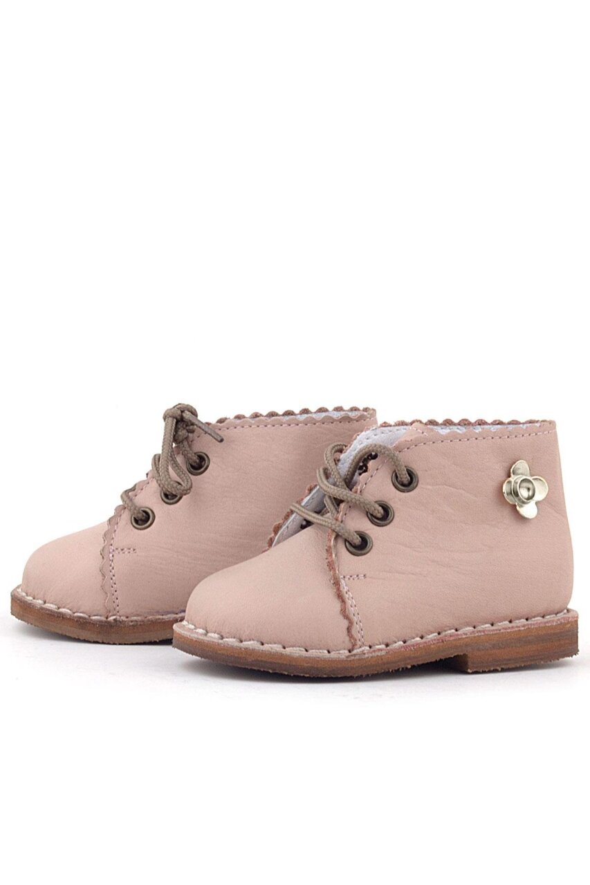 Rakerplus Handmade Hakiki Deri Pembe Çiçek Detaylı Bağcıklı Bebek Bot - 4