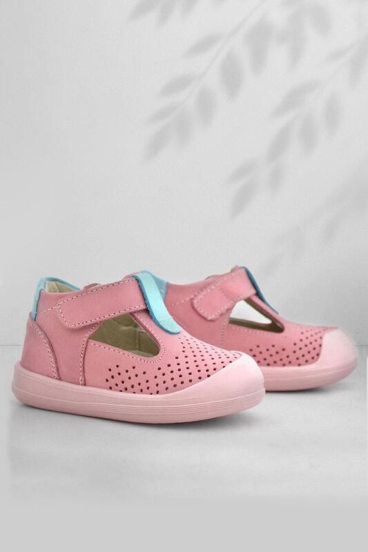 Rakerplus Shaun Hakiki Deri Pembe Mavi Cırtlı Anatomik Bebek Sandalet - 1
