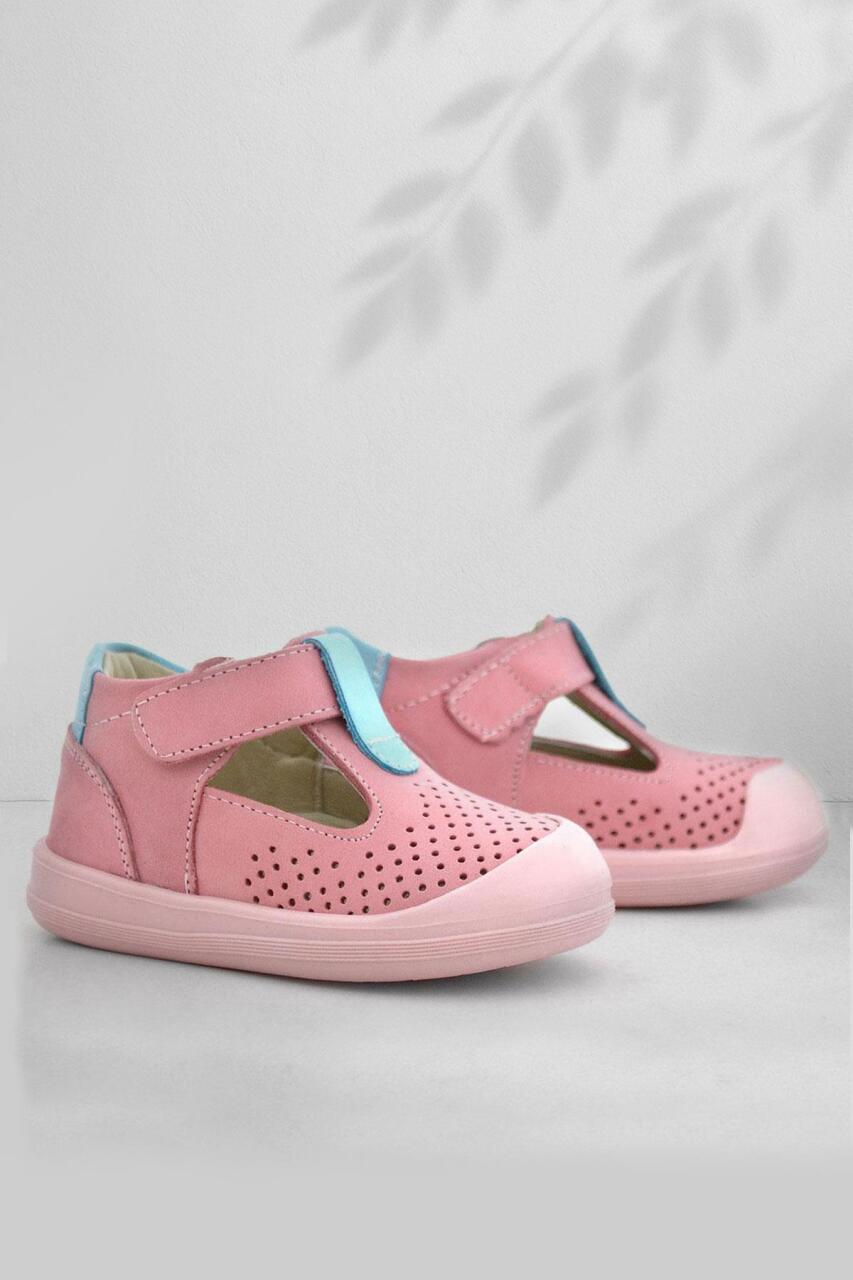 Rakerplus Shaun Hakiki Deri Pembe Mavi Cırtlı Anatomik Bebek Sandalet - 1