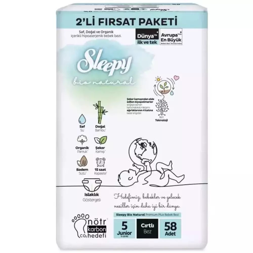 Sleepy Bio Natural Bebek Bezi 2'Li Fırsat Paketi 5 Beden 58 Adet - 1