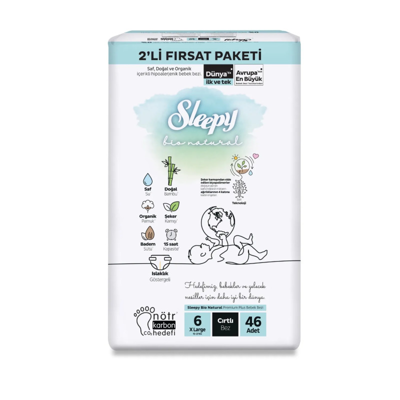 Sleepy Bio Natural Bebek Bezi 2'Li Fırsat Paketi 6 Beden 46 Adet - 1
