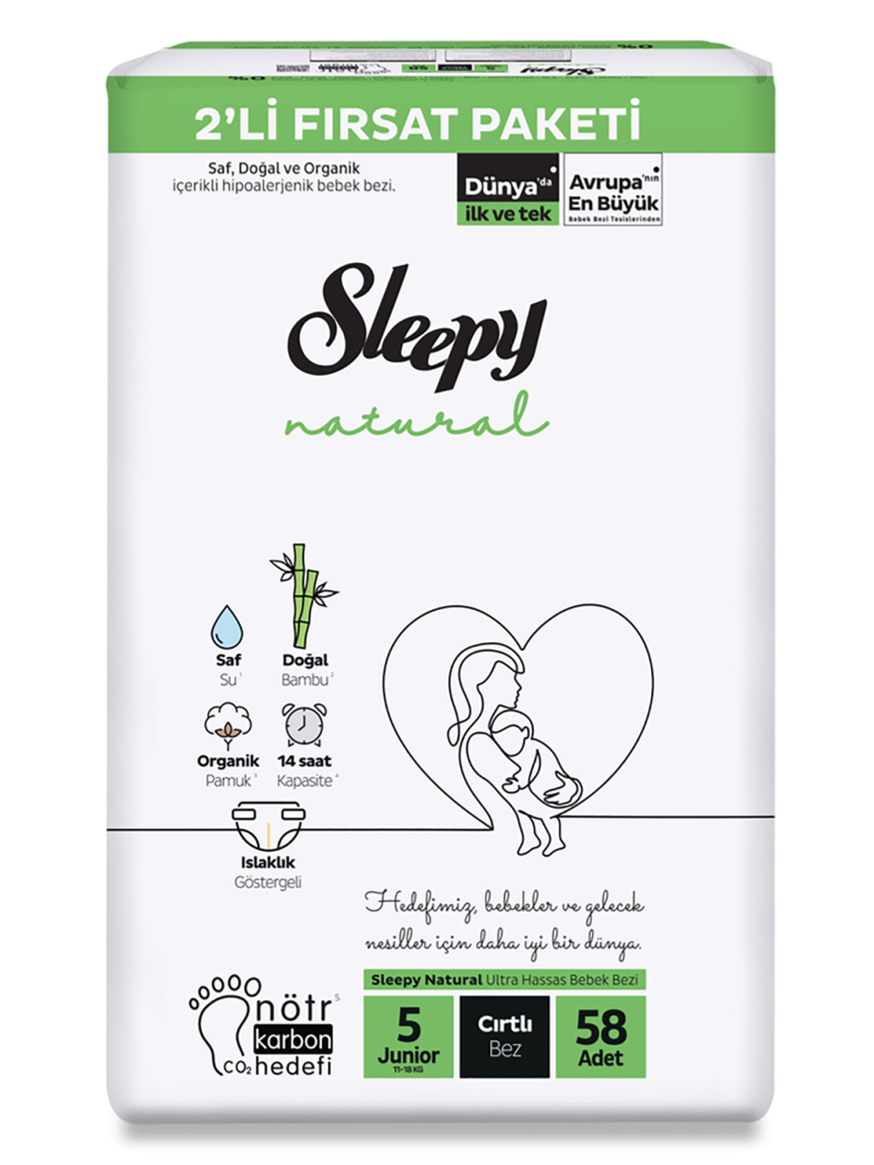 Sleepy Natural Bebek Bezi 2'Li Fırsat Paketi 5 Beden 58 Adet - 1